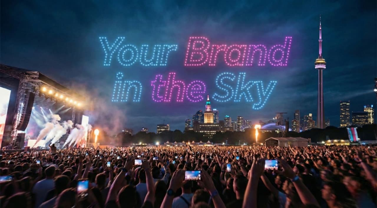 Drone light show displaying 'Your Brand in the Sky' at a major Canadian event