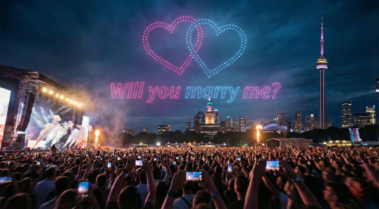 Drone light show proposal with interlocking hearts and 'Will you marry me?' at a major event